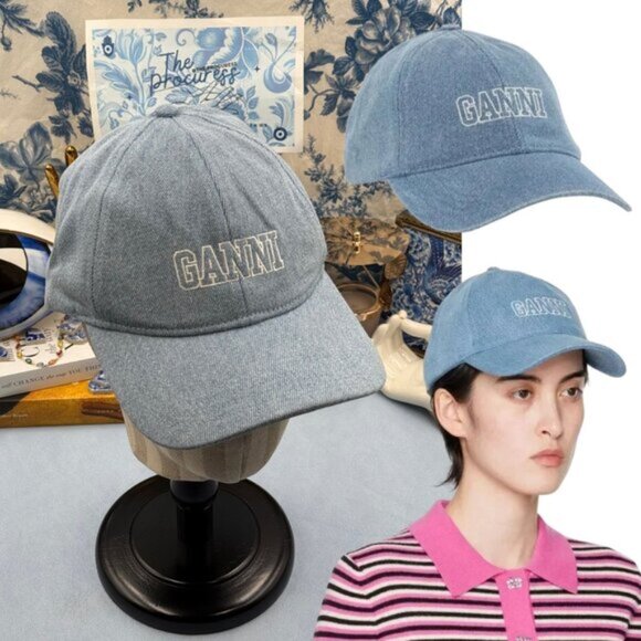 🆕 GANNI 🧿 NWT White Logo Embroidered Blue Denim Baseball Cap, Woman's Hat - Picture 1 of 14